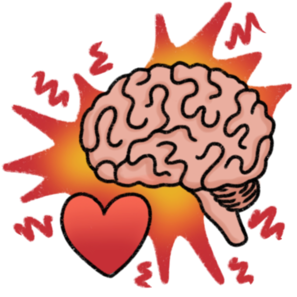 A brain and heart shape with a red, orange, and yellow burst behind it, with red squiggles coming off it.